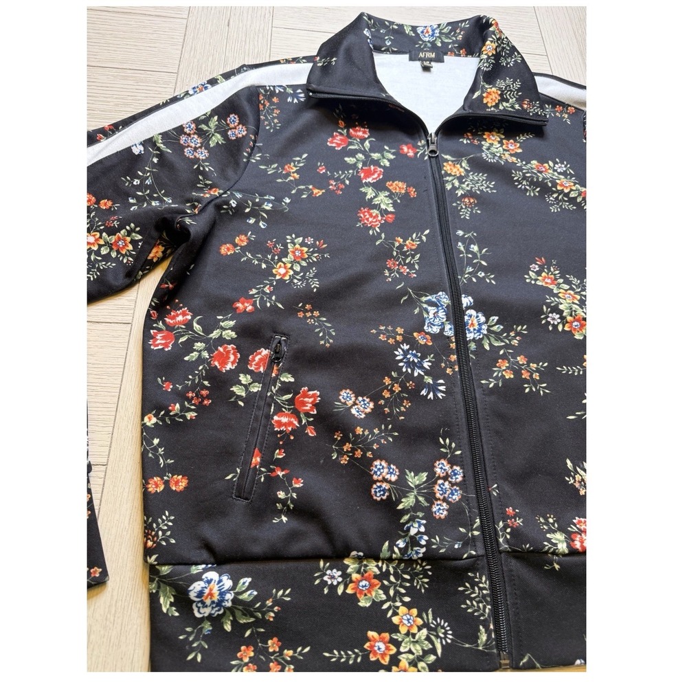AFRM Floral Track Jacket with Racing Stripe Black Floral "Arrive" Print Zipper L